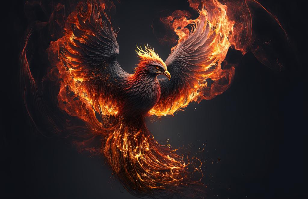 Illustration of a phoenix with burning wings and feathers on a black background symbolizing rebirth, created by generative AI