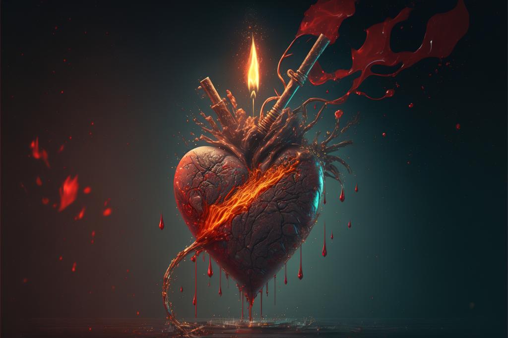 A flaming heart pierced by a sword, symbolizing the concept of a furious Scorpio.