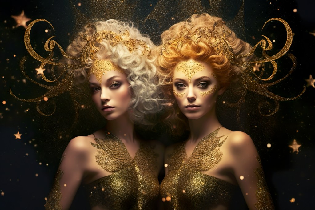 Golden fantasy image of Gemini zodiac sign as twin women resembling Amanda Seyfried and Siri Tollerød with starry background, representing Jupiter retrograde in Gemini concept