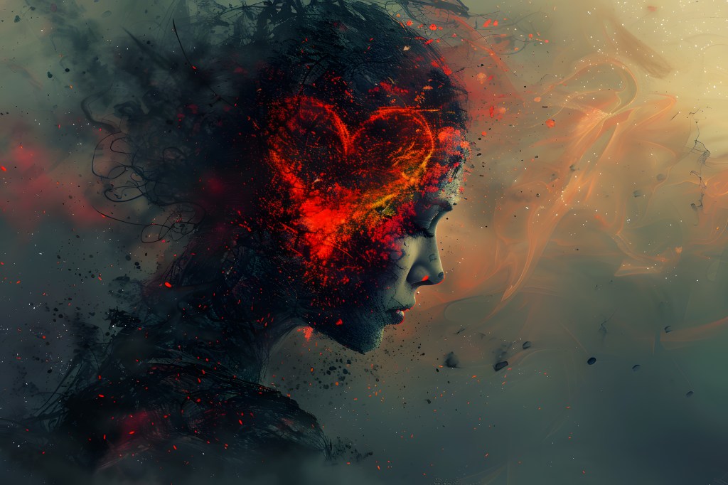 A woman in distress with a symbolic heart on her head, conveying the concept of heartache