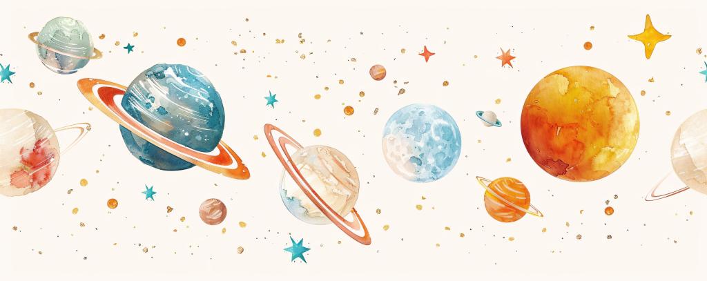 Watercolor illustration of planets and stars for children's poster on a white background