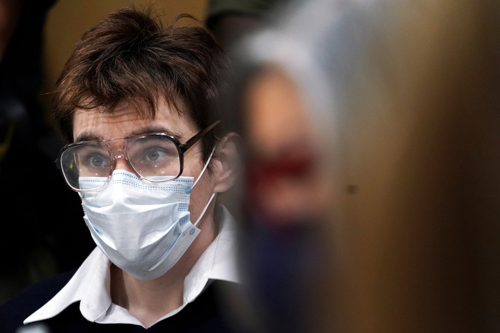 Parkland school shooter Nikolas Cruz looks on before pleading guilty on all four criminal counts stemming from his alleged attack on a Broward County jail guard in November 2018, in Fort Lauderdale, Florida, U.S. October 15, 2021. 