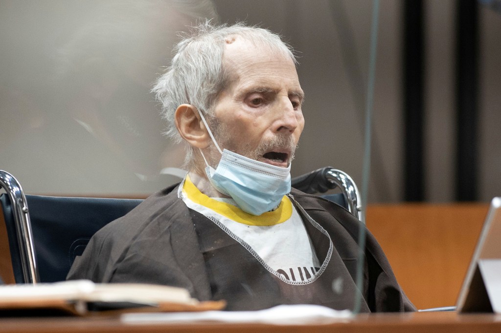 Robert Durst is seen being sentenced to life without possibility of parole for the killing of Susan Berman on October 14, 2021.