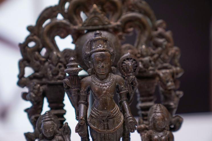 Some of the stolen objects being returned to India are displayed during a ceremony at the Indian consulate in New York.