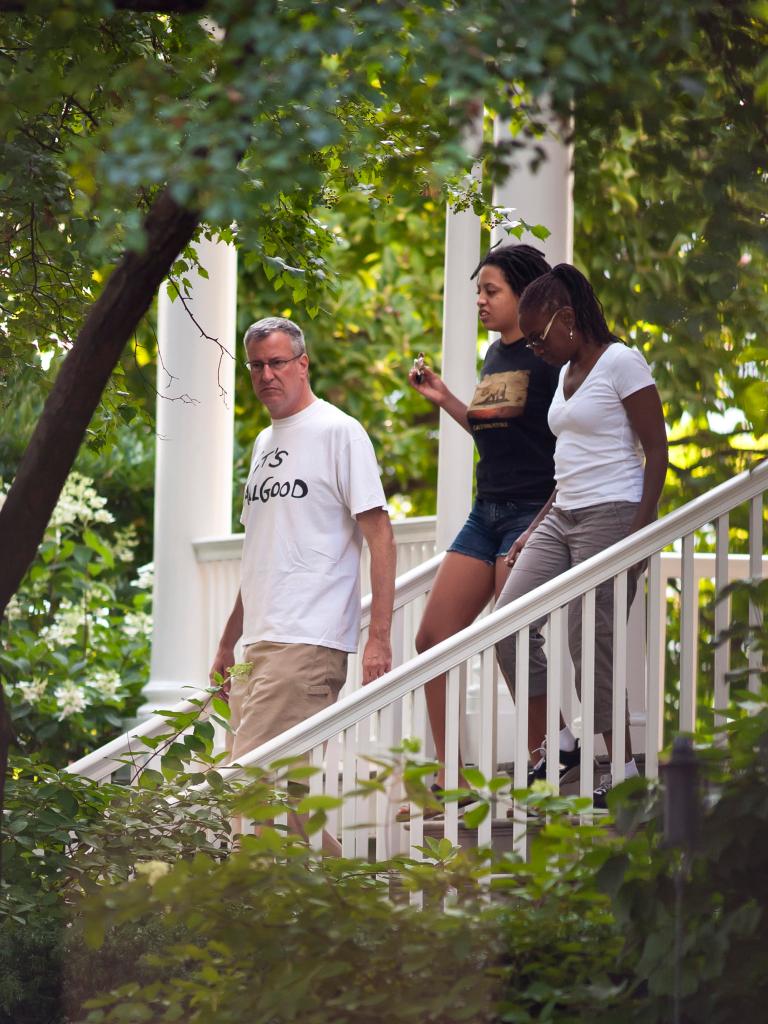 The de Blasio family going for a morning walk outside Gracie Mansion into Carl Shurz Park, east End Av. and East 88th Street, NYC.