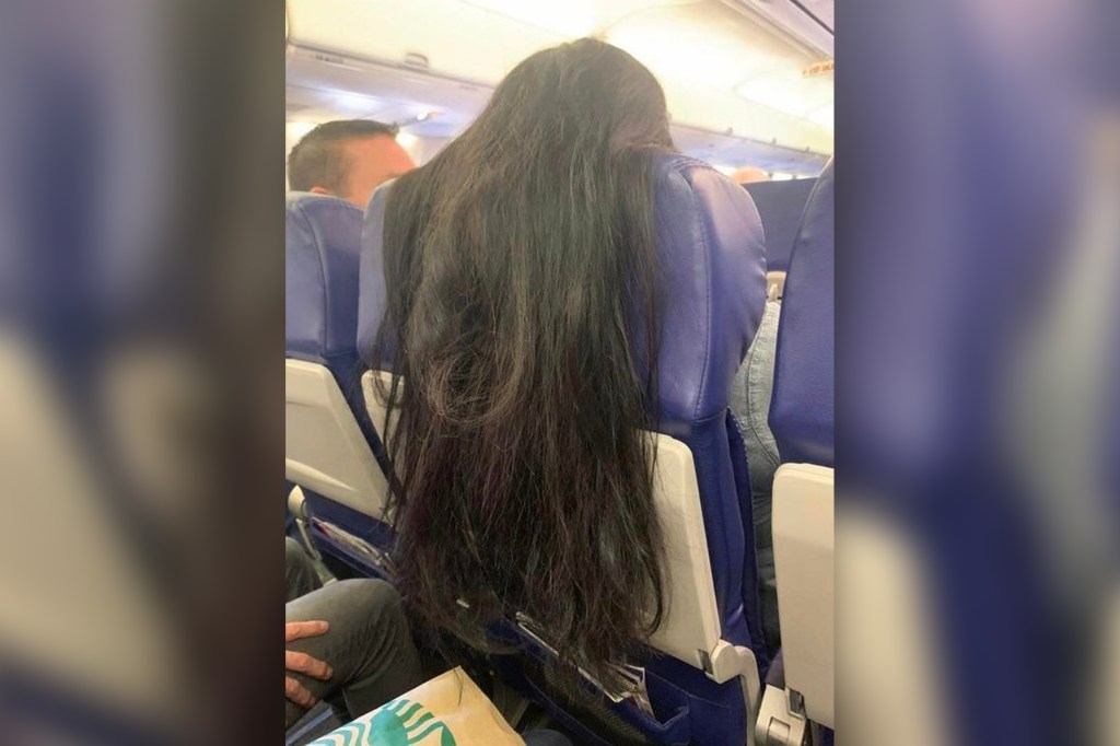 A plane passenger has sparked outrage online after a photo emerged of her long hair draped over the back of her seat.