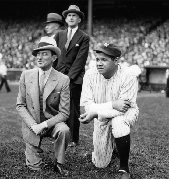 Babe Ruth, New York Yankees outfielder, right, helps out New York mayor Jimmy Walker with a publicity opportunity on Sept. 24, 1931.