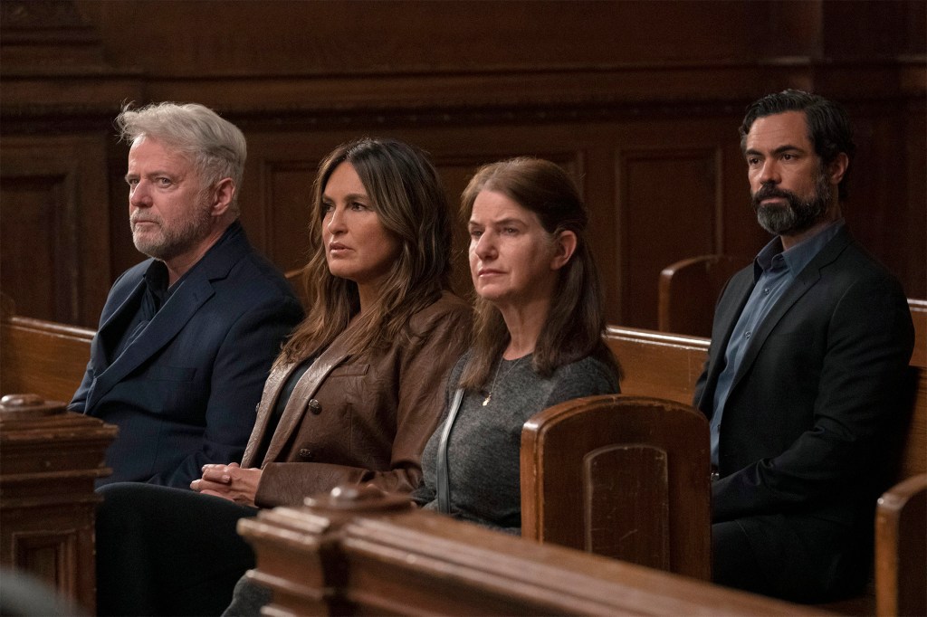 Photo from Thursday's 500th episode of "Law & Order: SVU" showing Aidan Quinn, Mariska Hargitay, Bernadette Quigley and Danny Pino.