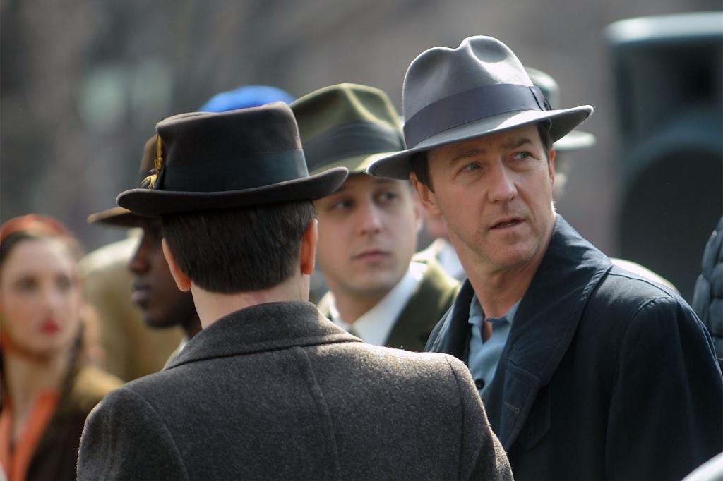 Director/actor Edward Norton on set for "Motherless Brooklyn" in Washington Sqaure Park on February 28, 2018 in New York City.