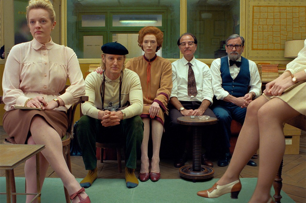 From left, Elisabeth Moss, Owen Wilson, Tilda Swinton, Fisher Stevens and Griffin Dunne appear in "The French Dispatch." 