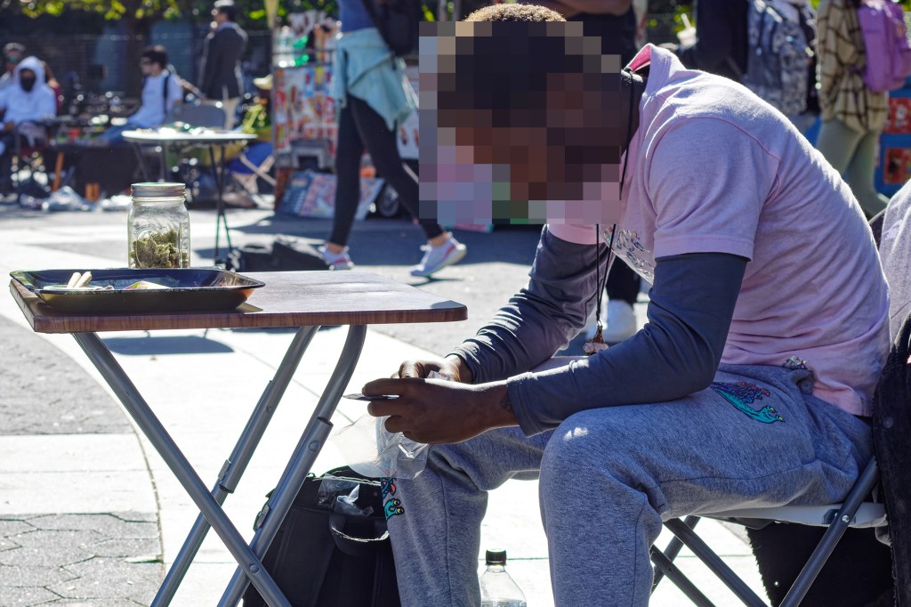 A substance resembling marijuana is seen for sale in Washington Square Park on October 20, 2021 in New York