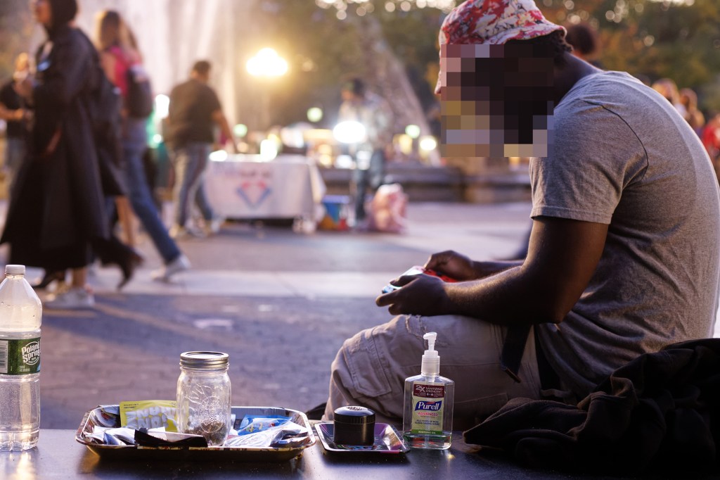 A substance resembling marijuana is seen for sale in Washington Square Park on October 20, 2021 in New York.