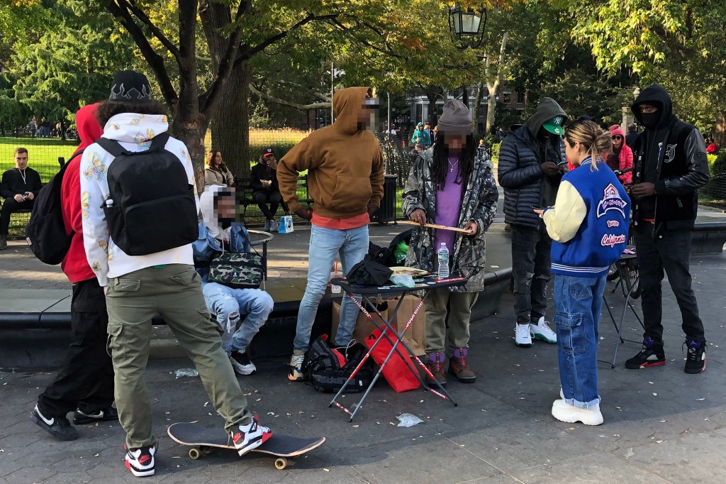 Small tables set up to sell marijuana and related products in Washington Square Park on Sunday afternoon Oct. 24, 2021