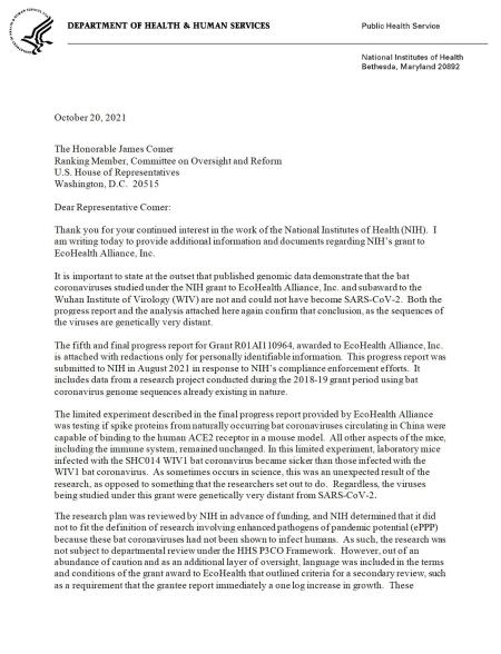 Lawrence A. Tabak of the NIH's letter to Rep. James Comer (R-Ky.)