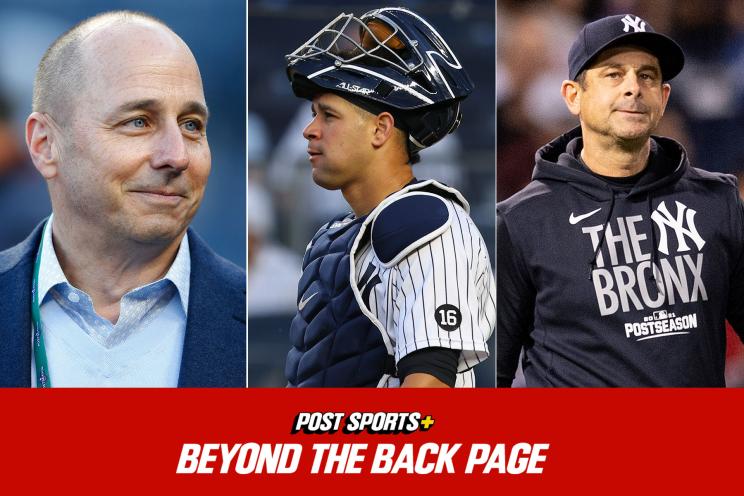 Yankees general manager Brian Cashman, catcher Gary Sanchez and manager Aaron Boone