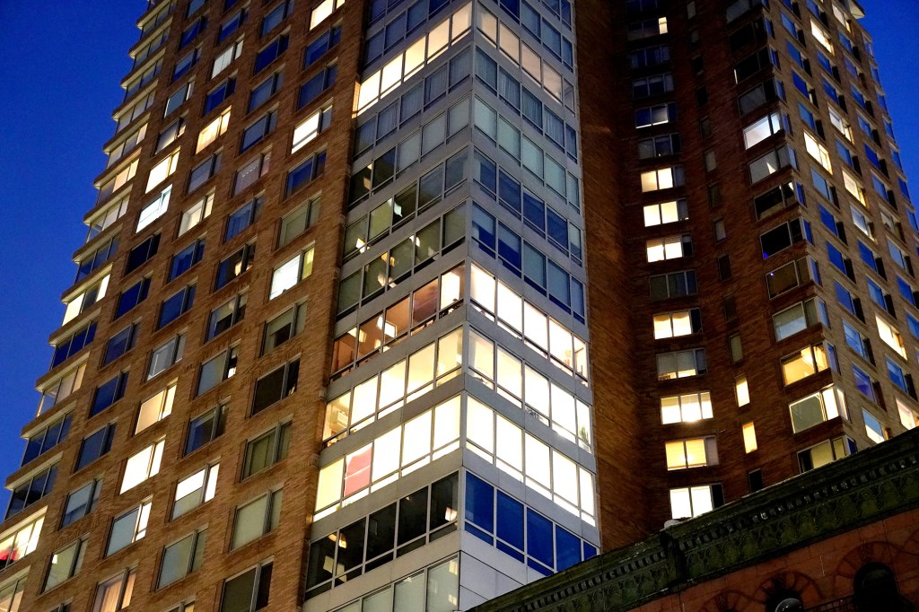 general view of a high rise apartment building in the Lincoln Square section of New York