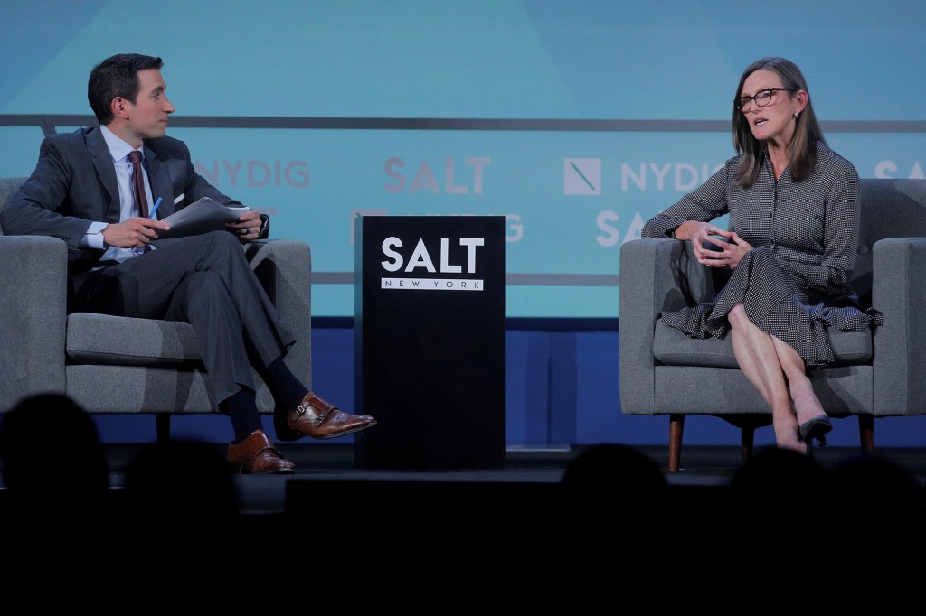 Cathie Wood speaks with an interviewer during the Skybridge Capital SALT 2021 event.