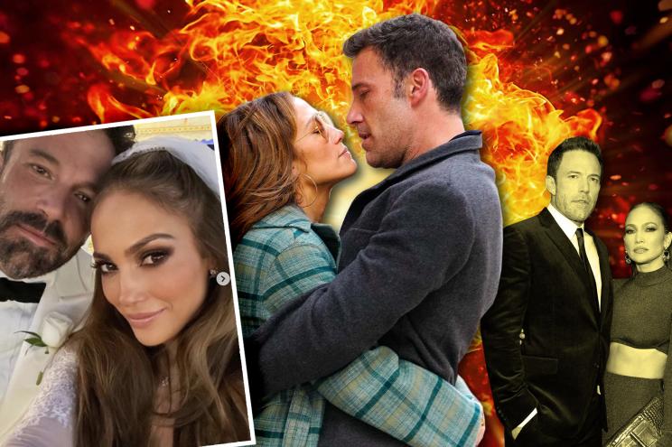 Ben Affleck and Jennifer Lopez in front of flames