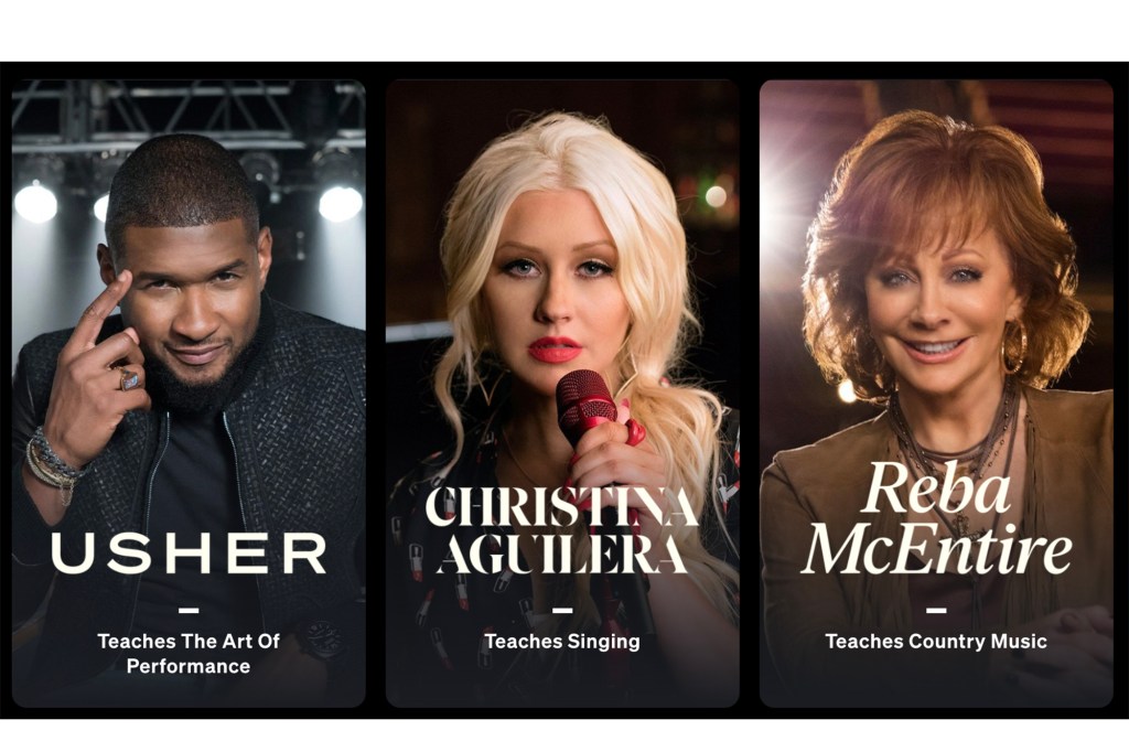 A split image of Usher, Christina Agulera and Reba McEntire 