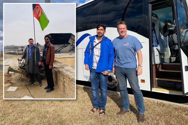 Journalist Toby Harnden with his translator Rohullah Sadat in Afghanistan in November 2020 (inset). The pair, above, finally reunited this week at Fort Dix, NJ.