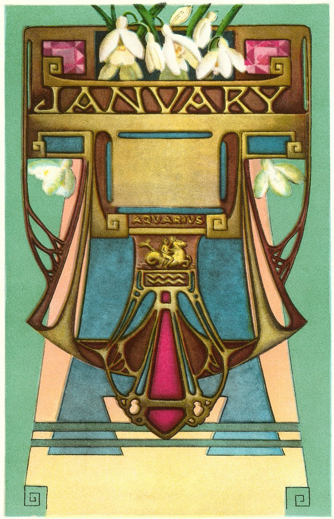 A vintage illustration of an art nouveau design depicting January in the sign of Aquarius.