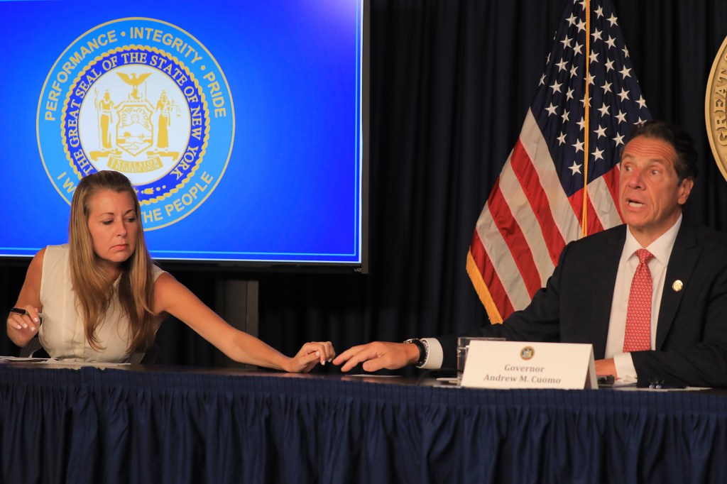 New York State Governor Andrew Cuomo addressing the press at his 633 Third Avenue office in August.