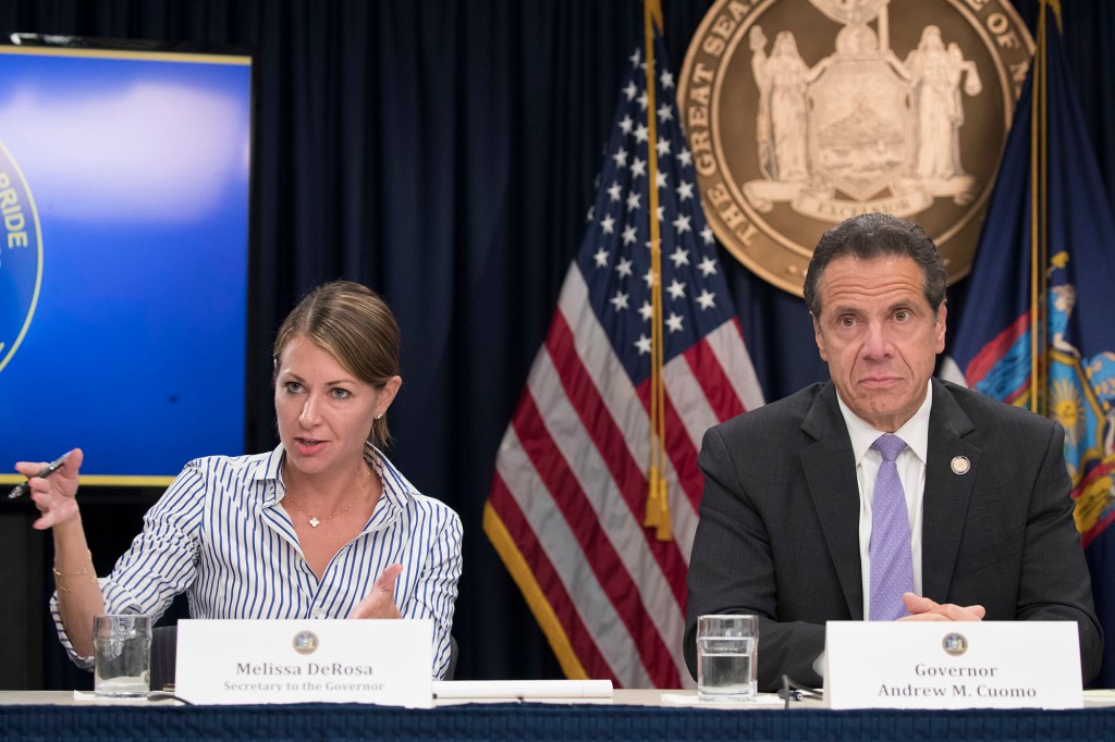 Secretary to the Governor Melissa DeRosa, answers questions with Gov. Andrew Cuomo, during a news conference