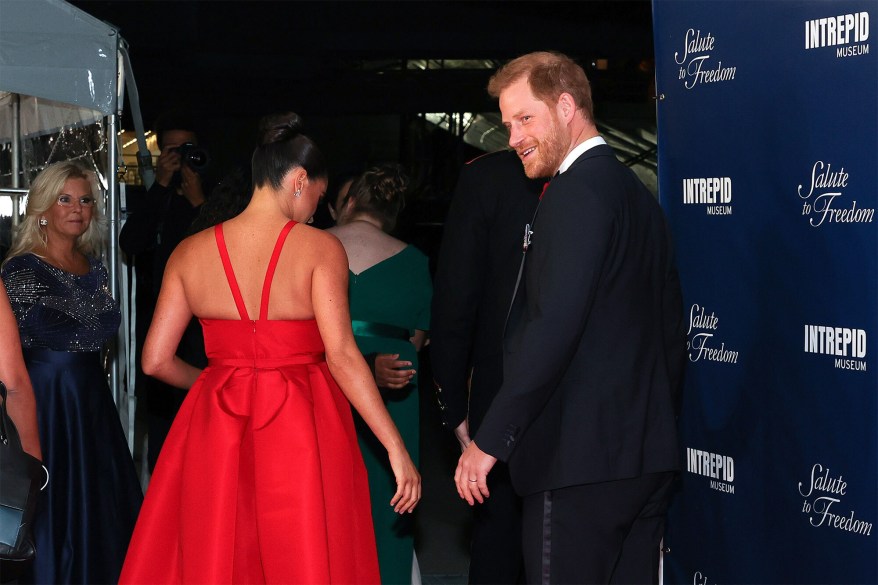 Prince Harry and Meghan Markle depart the red carpet at the 2021 Salute To Freedom Gala on Nov 10, 2021.