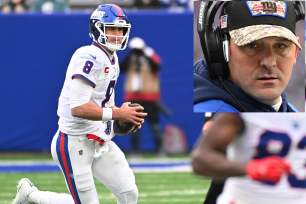 Daniel Jones looks to pass in the main image of a composite with Joe Judge looking on from the sideline.