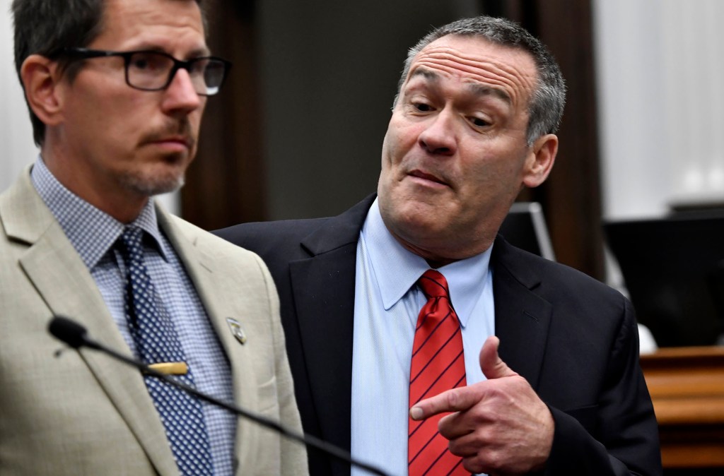 Mark Richards, lead attorney for Kyle Rittenhouse (right) argues about a video with Assistant District Attorney Thomas Binger (left) during proceedings at the Kenosha County Courthouse.