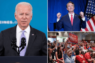 Left: President Joe Biden. Right: Virginia Gov.-elect Glenn Youngkin. School board protest