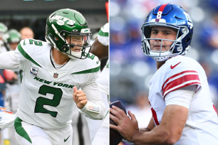 Zach Wilson of the New York Jets scrambles; Daniel Jones of the New York Giants drops back to pass.