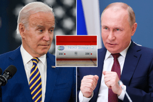 Left: President Joe Biden. Right: Russian President Vladimir Putin. Center: The logo of the Nord Stream 2 gas pipeline project is seen on a large diameter pipe at Chelyabinsk Pipe Rolling Plant owned by ChelPipe Group in Chelyabinsk, Russia February 26, 2020.