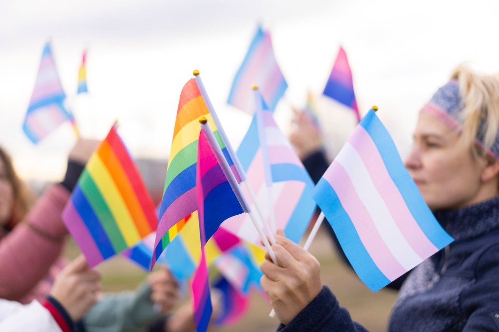 A group of people with trans rights and pride flags.