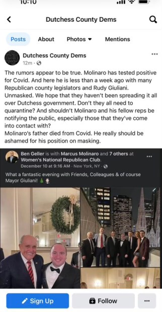 Dutchess County Democrats are spreading a false rumor that Republican County Executive Marc Molinaro – an opponent of the state’s new “mask or vax” mandate – has tested positive for COVID-19 and also poking fun at his deceased father, who passed away last year from the deadly disease. 