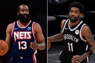 James Harden (left) thinks the Nets will raise their game when Kyrie Irving (right) returns to the lineup.