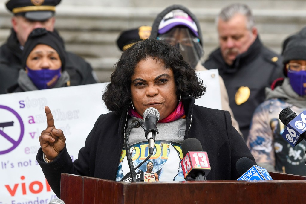 Eve Hendricks who lost her seventeen year old son Brandon to gunfire speaks with The New York State Association of Chiefs of Police holding a news conference introducing proposed legislation to amend bail reform laws at the state Capitol Thursday, Dec. 9, 2021, in Albany, N.Y. 