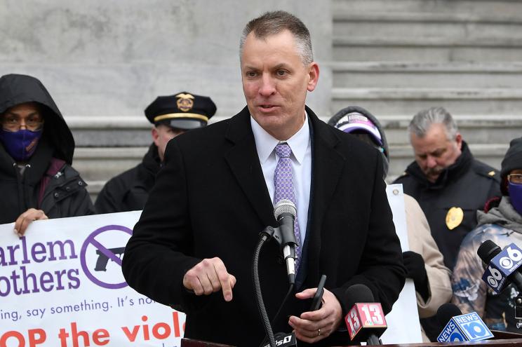 NYPD Commissioner Dermot Shea, speaks as The New York State Association of Chiefs of Police hold a news conference introducing proposed legislation to amend bail reform laws at the state Capitol Thursday, Dec. 9, 2021, in Albany, NY