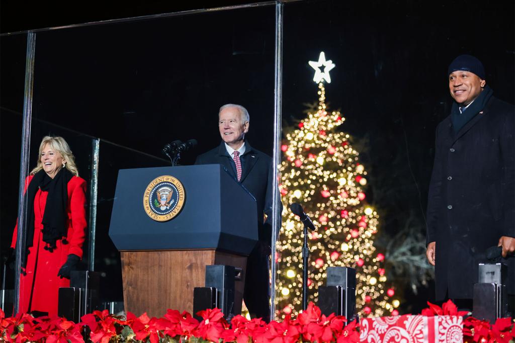 First Lady Dr. Jill Biden and President Joe Biden are joined on stage by LL Cool J after lighting the National Christmas Tree