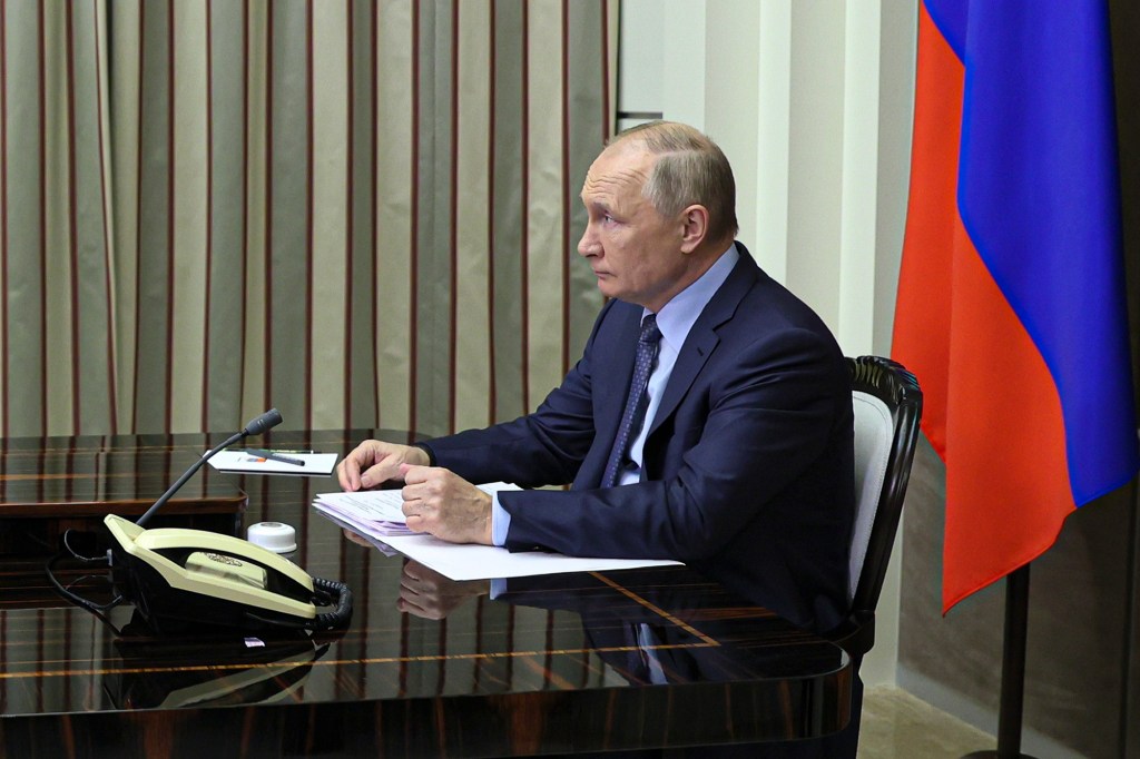 Putin pictured during Tuesday's two-hour call with President Biden.