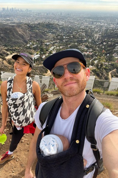 Jamie Chung and hubby Bryan Greenberg are all the way up at the Hollywood sign with their twin boys in tow.