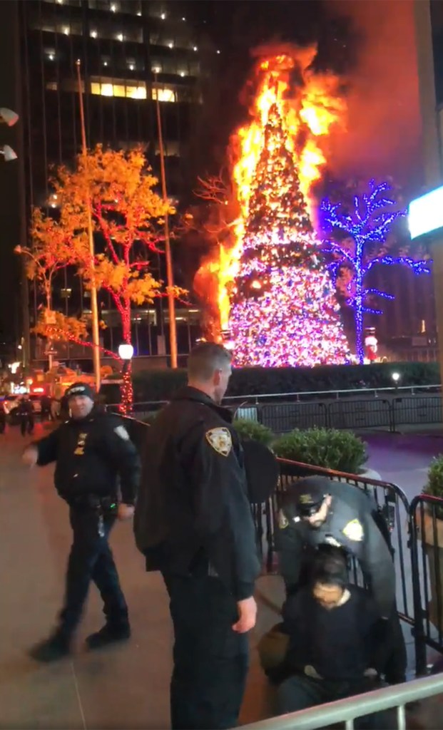 Footage of the burning tree shows flames growing outside the Sixth Avenue and West 48th Street building that houses Fox News, the Wall Street Journal and the New York Post.