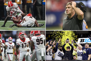 A composite image of (clockwise from top left) John Metchie III, Kirby Smart, Jim Harbaugh and Nakobe Dean.