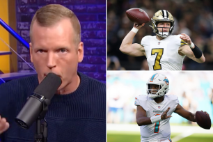 Clockwise from left, Chris Simms talks on a radio show, Taysom Hill looks to pass against the Cowboys and Tua Tagovailoa looks to pass against the Giants.