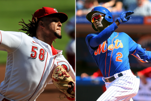 Luis Castillo of the Cincinnati Reds throws a pitch; New York Mets shortstop prospect Ronny Mauricio follows through on a swing.