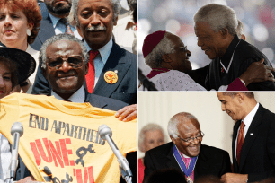 Bishop Desmond Tutu of South Africa displays an "End Apartheid" T-shirt at New York's City Hall on May 27, 1986.