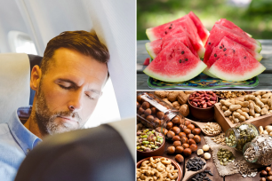 A man sleeping on a plane.