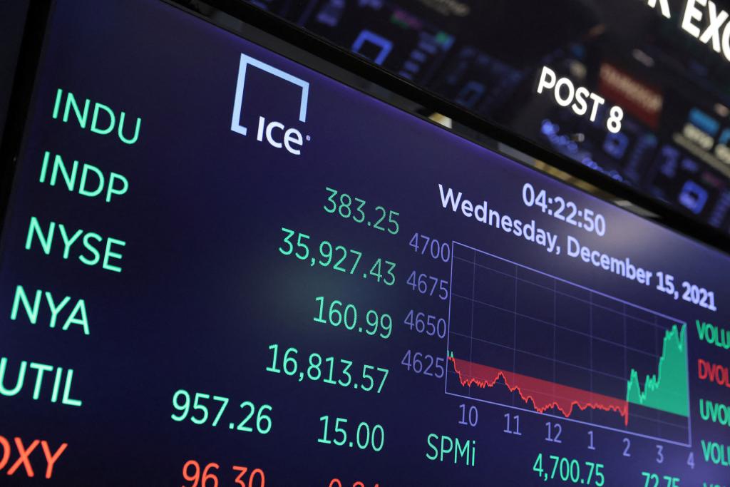 The Dow Jones Industrial Average is displayed on a screen on the trading floor after the close of the market at the New York Stock Exchange.