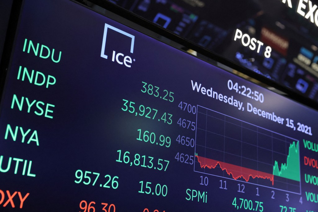 The Dow Jones Industrial Average is displayed on a screen on the trading floor after the close of the market at the New York Stock Exchange.