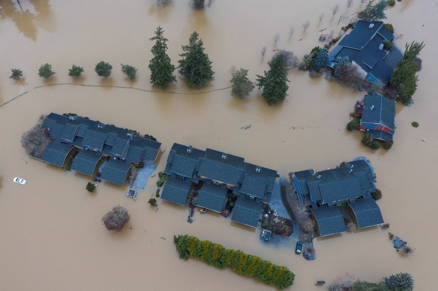 A residential cul-de-sac is covered in floodwaters after heavy rain in Chehalis, Washington, U.S., on Jan. 7, 2022.